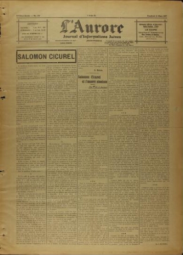 L’Aurore : Journal d’Informations Juives  N°157 (11 mars 1927)