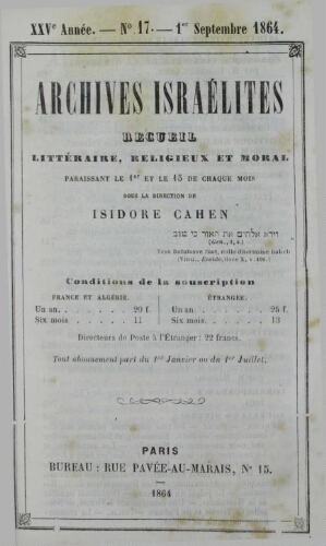 Archives israélites de France. Vol.25 N°17 (01 sept. 1864)