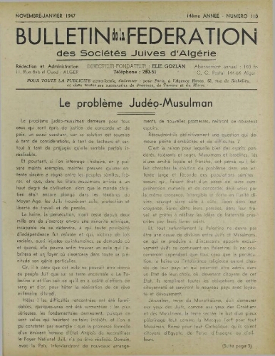 Bulletin de la Fédération des sociétés juives d’Algérie  V°14 N°110 (01/11/1946)