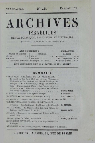 Archives israélites de France. Vol.32 N°16 (15 août 1871)