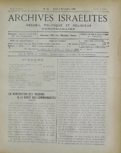 Archives israélites de France. Vol.70 N°44 (04 nov. 1909)