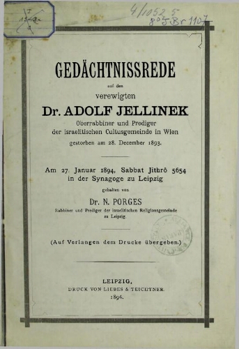Gedächtnissrede auf den verewigten Dr. Adolf Jellinek