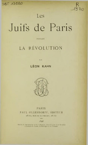 Les juifs de Paris : pendant la révolution