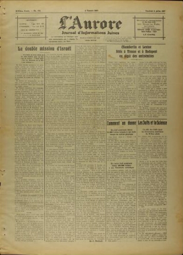 L’Aurore : Journal d’Informations Juives  N°173 (08 juillet 1927)