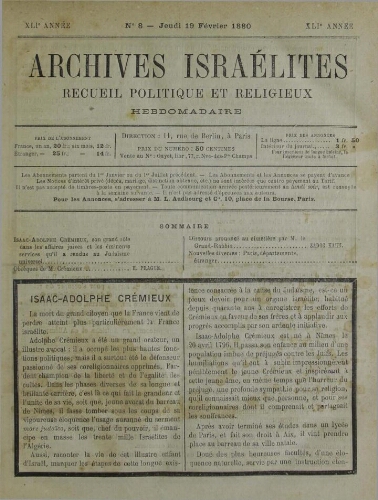 Archives israélites de France. Vol.41 N°08 (19 févr. 1880)