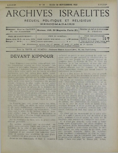 Archives israélites de France. Vol.83 N°39 (28 sept. 1922)