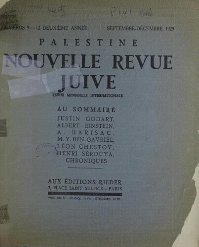 Palestine, nouvelle revue juive Vol. 4 n° 9-12 (septembre-décembre 1929)