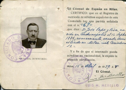 Certificat de nationalité espagnole de Joseph Papo, père de l’auteur.