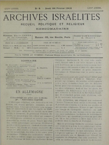 Archives israélites de France. Vol.64 N°09 (26 févr. 1903)