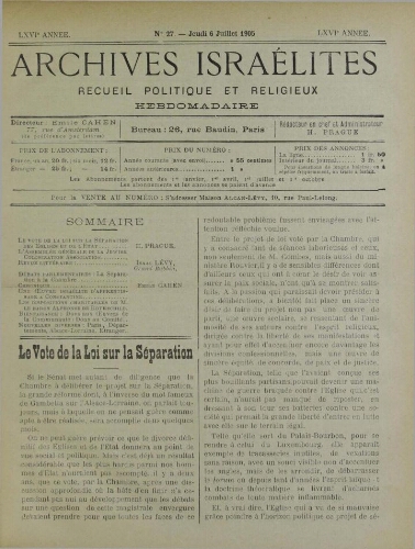 Archives israélites de France. vol.66 N°27 (06 juil. 1905)