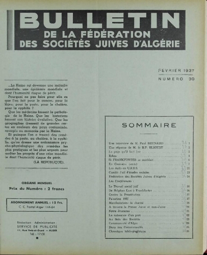 Bulletin de la Fédération des sociétés juives d’Algérie  V°04 N°30 (01/02/1937)