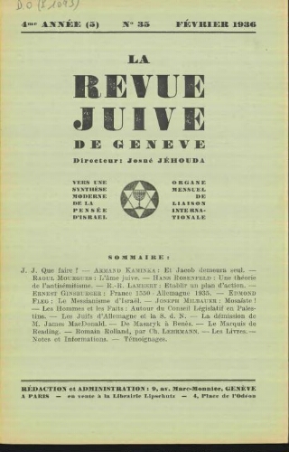 La Revue Juive de Genève. Vol. 4 n° 5 fasc. 35 (février 1936)