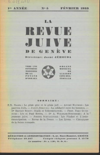 La Revue Juive de Genève. Vol. 1 n° 5 fasc. 5 (février 1933)