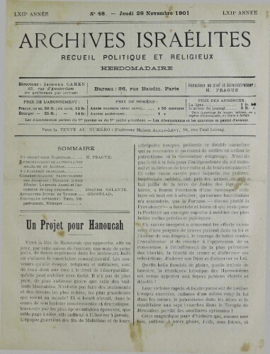 Archives israélites de France. Vol.62 N°48 (28 nov. 1901)