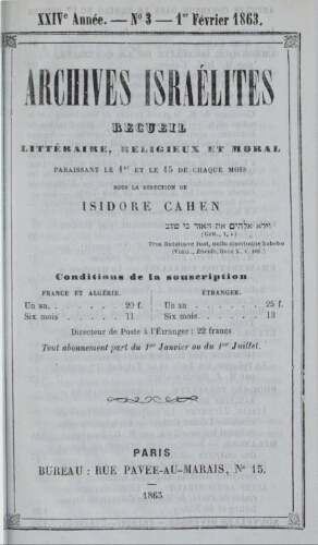 Archives israélites de France. Vol.24 N°03 (01 fér. 1863)
