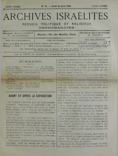 Archives israélites de France. Vol.71 N°17 (28 avr. 1910)