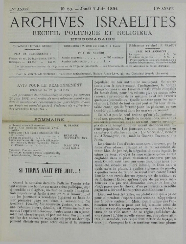 Archives israélites de France. Vol.55 N°23 (07 juin 1894)