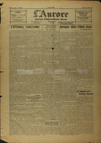 L’Aurore : Journal d’Informations Juives  N°161 (08 avril 1927)