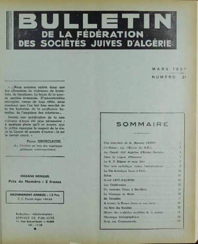 Bulletin de la Fédération des sociétés juives d’Algérie  V°04 N°31 (01/03/1937)