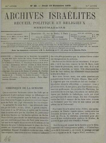 Archives israélites de France. Vol.40 N°46 (13 nov. 1879)