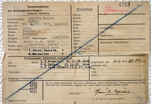 Fiche établie à l'arrivée de Samuel Saporta, de son épouse Gentille et de leurs 3 enfants au camps de Bergen-Belsen