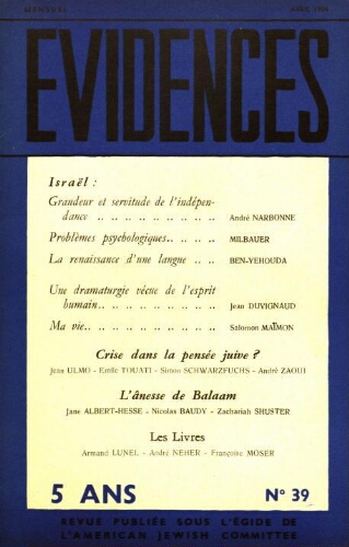 Evidences. N° 39 (Avril 1954)