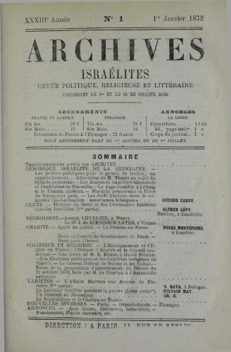 Archives israélites de France. Vol.33 N°01 (01 janv. 1872)