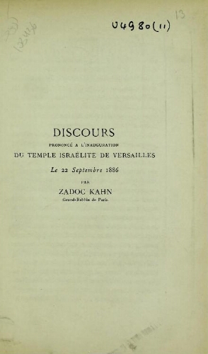 Discours prononcé à l'inauguration du Temple Israélite de Versailles le 22 septembre 1885