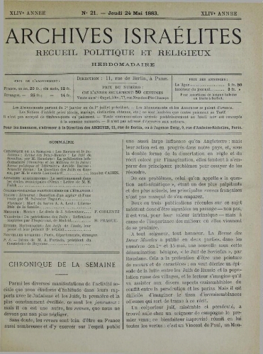 Archives israélites de France. Vol.44 N°21 (24 mai 1883)