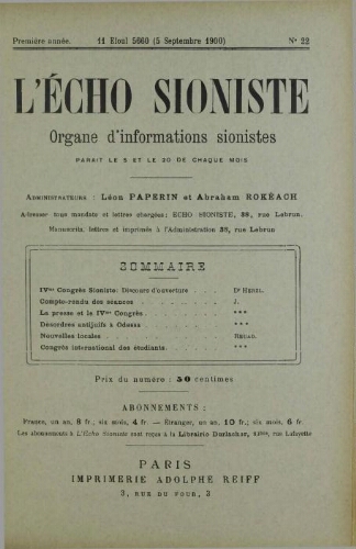 L'Echo Sioniste. Vol. 1 n° 22 (5 septembre 1900)