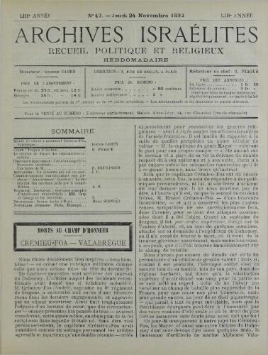 Archives israélites de France. Vol.53 N°47 (24 nov. 1892)