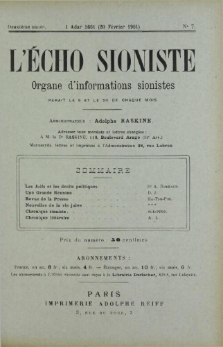 L'Echo Sioniste. Vol. 2 n° 7 (20 février 1901)