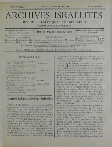 Archives israélites de France. Vol.68 N°24 (13 juin 1907)