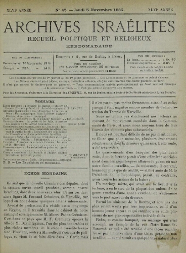Archives israélites de France. Vol.46 N°45 (05 nov. 1885)