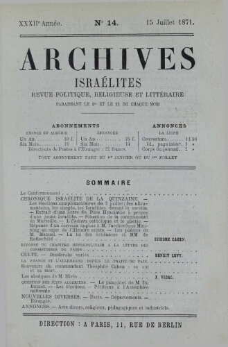Archives israélites de France. Vol.32 N°14 (15 juil. 1871)