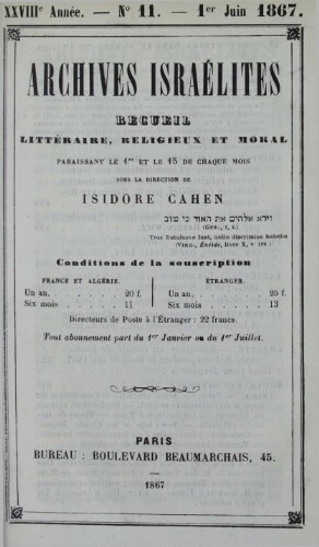 Archives israélites de France. Vol.28 N°11 (01 juin 1867)