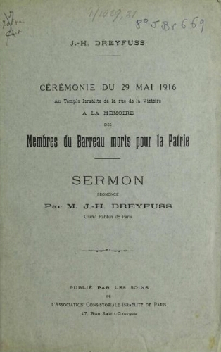 Cérémonie du 29 mai 1916, au Temple...rue de la Victoire, à la mémoire des membres du Barreau morts pour la Patrie