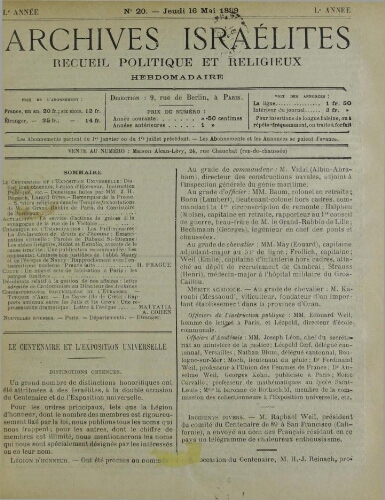 Archives israélites de France. Vol.50 N°20 (16 mai 1889)