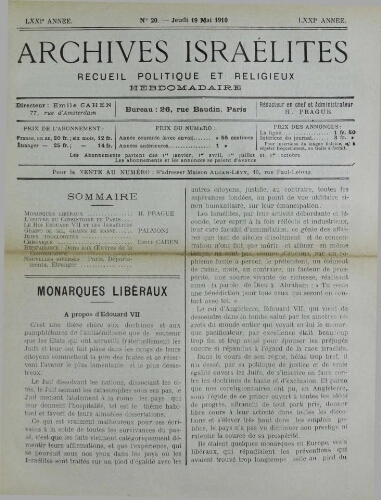 Archives israélites de France. Vol.71 N°20 (19 mai 1910)