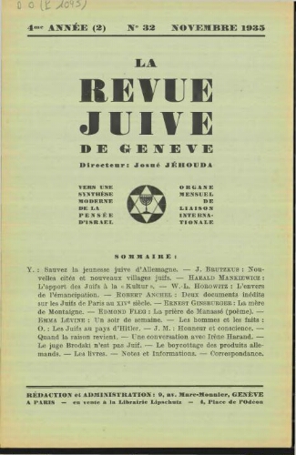 La Revue Juive de Genève. Vol. 4 n° 2 fasc. 32 (novembre 1935)
