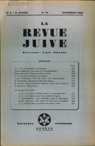 La Revue Juive de Genève. Vol. 8 n° 8 fasc. 78 (octobre 1945)