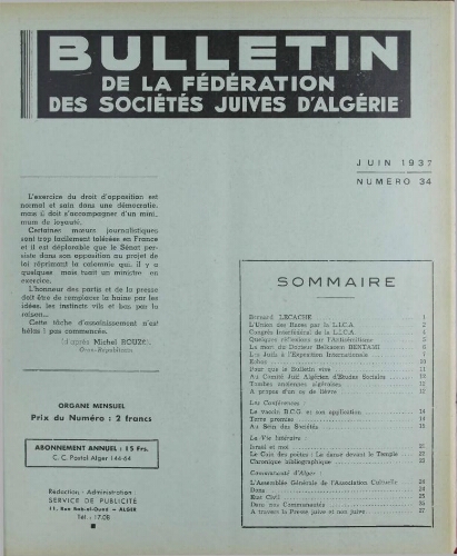 Bulletin de la Fédération des sociétés juives d’Algérie  V°04 N°34 (01/06/1937)