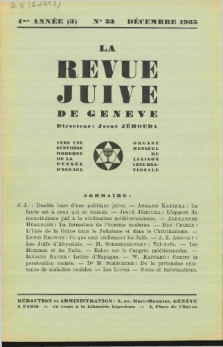 La Revue Juive de Genève. Vol. 4 n° 3 fasc. 33 (décembre 1935)