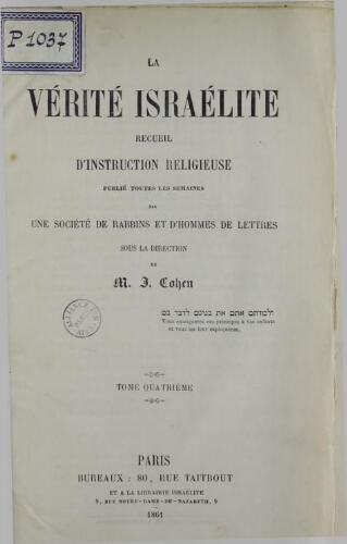 La verité Israélite Index V04 (1861)