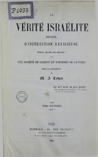 La verité Israélite Index V08 (1862)