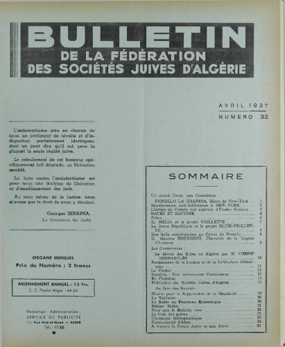 Bulletin de la Fédération des sociétés juives d’Algérie  V°04 N°32 (01/04/1937)