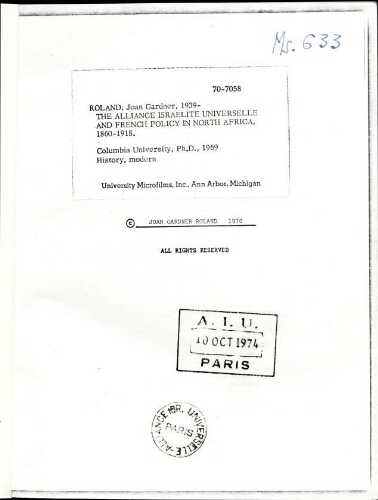The Alliance israelite universelle and the French policy in North Africa, 1860-1918