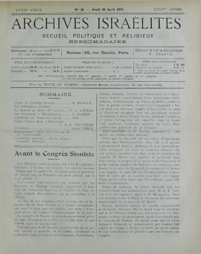 Archives israélites de France. Vol.74 N°35 (28 août 1913)