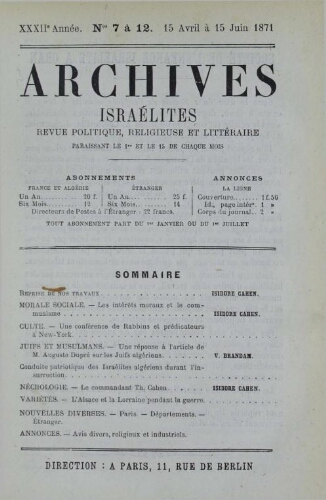 Archives israélites de France. Vol.32 N°07-12 (15 avr. 1871)