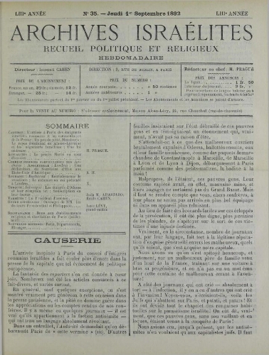 Archives israélites de France. Vol.53 N°35 (01 sept. 1892)
